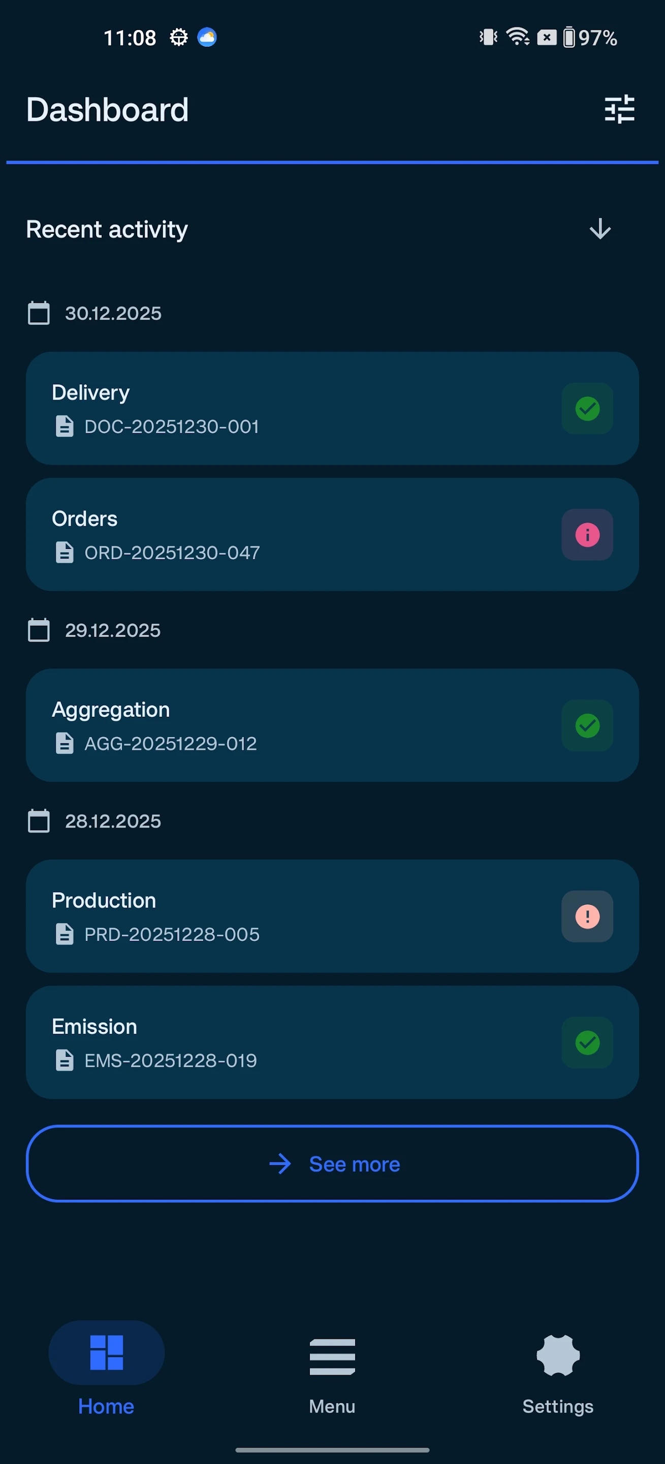 DataSync mobile application dashboard showing recent operational activity