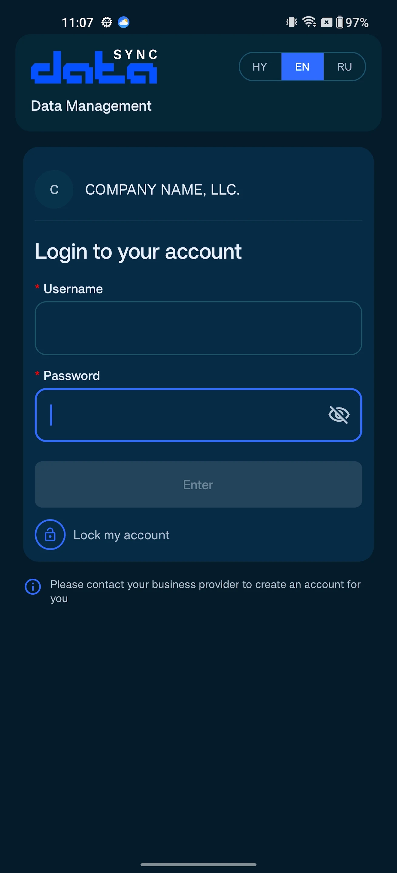 DataSync mobile application account login screen
