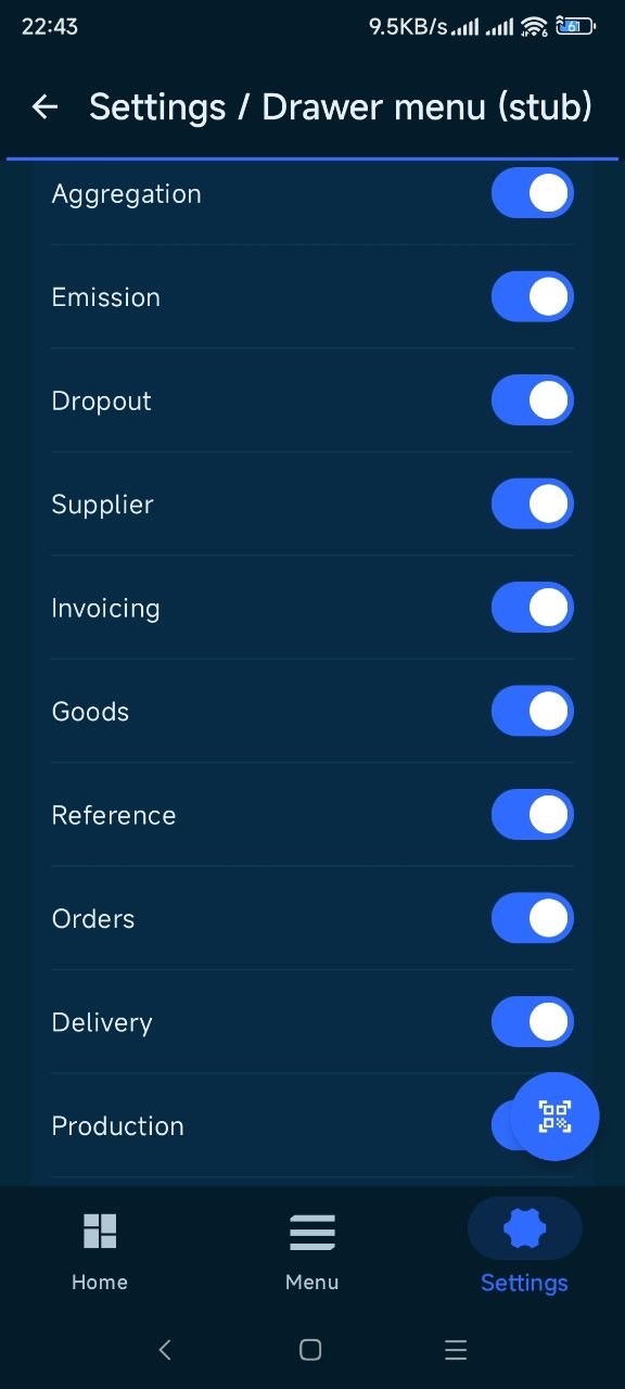 DataSync mobile application settings and module menu in English