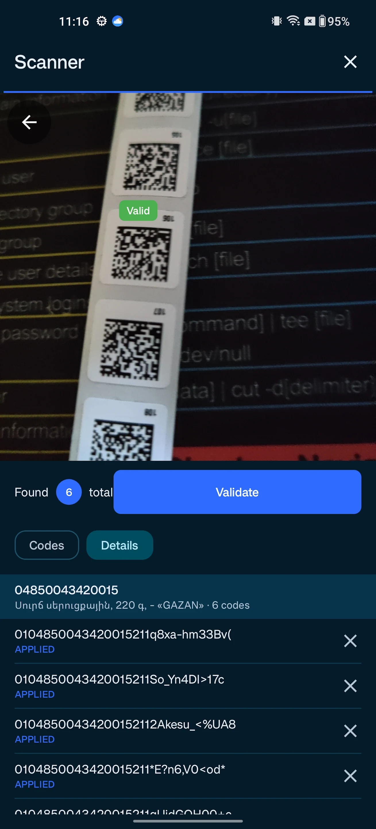 DataSync mobile application scanning and validating DataMatrix codes